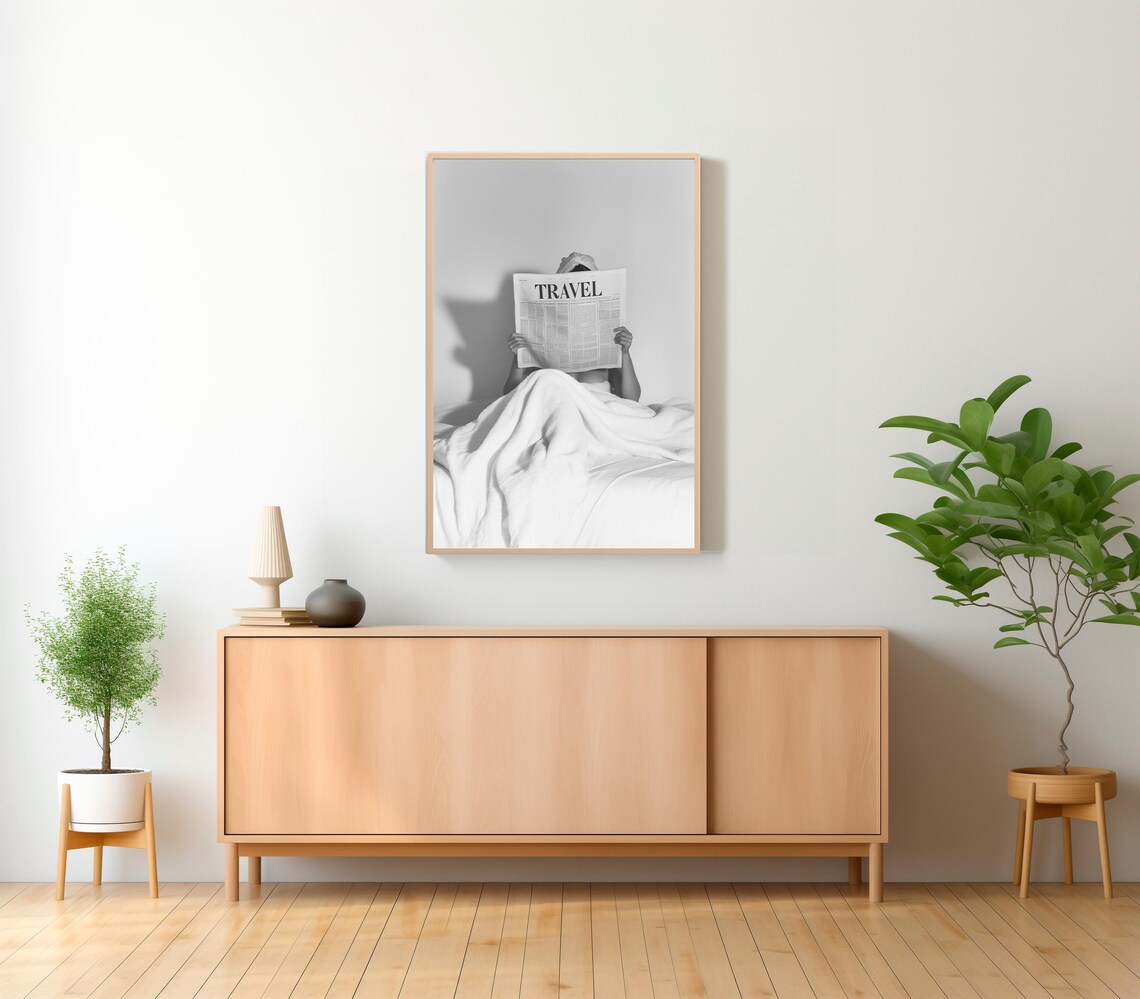Reading Travel Newspaper in Bed Cozy Minimalist Photo Poster - Image 2