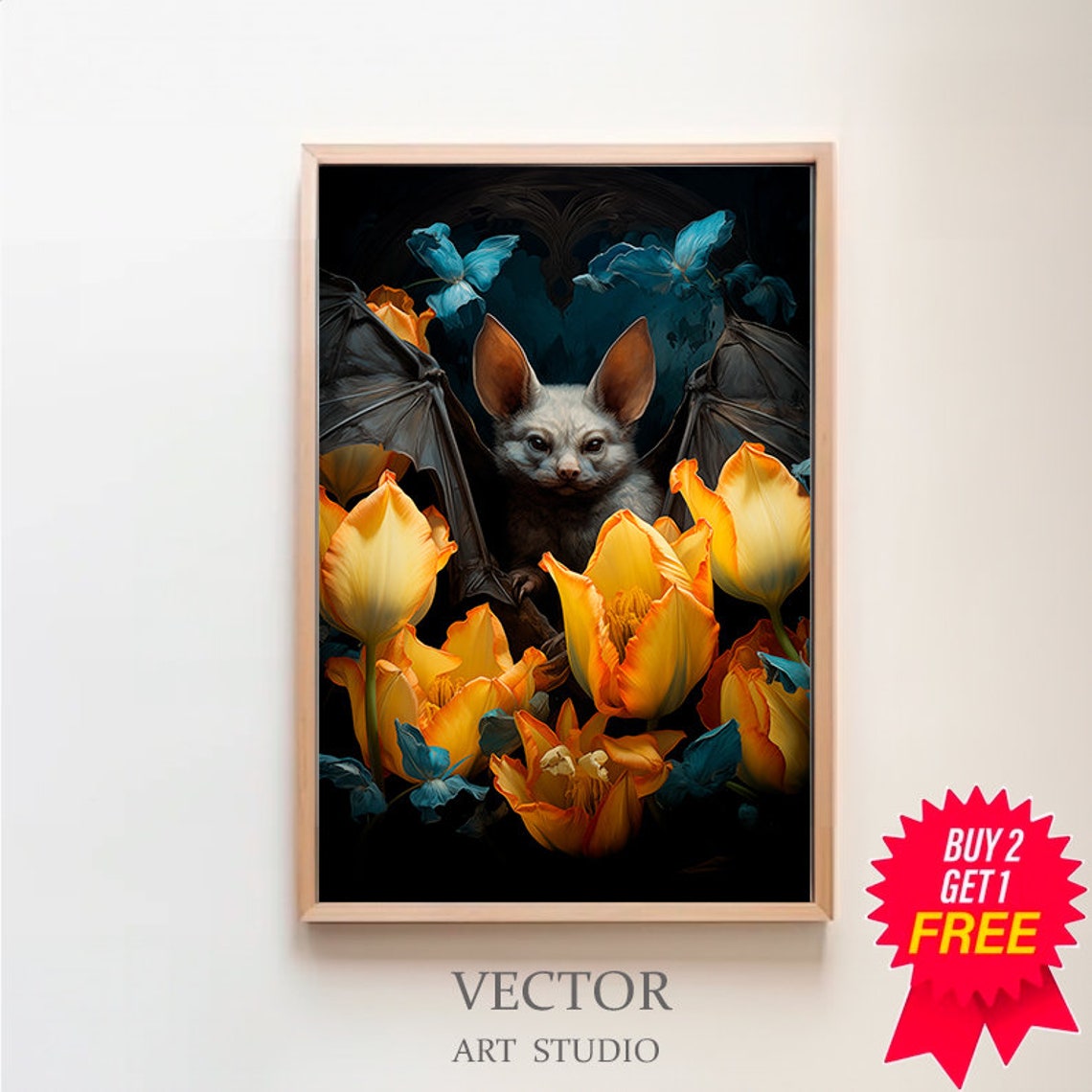 Whimsical Fruit Bat Among Golden Tulips Dark Botanical Art Poster