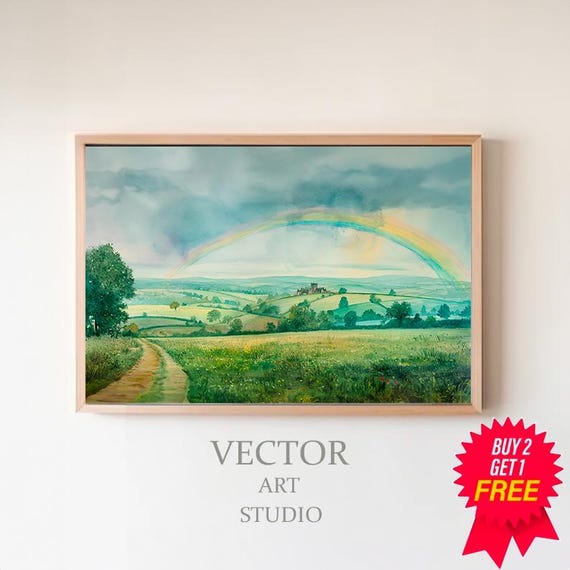 Frame Tv Art Rainbow In Vintage Landscape Rainbow In Green Countryside Watercolor Painting Frame Tv Art St Patricks Day Tv Art