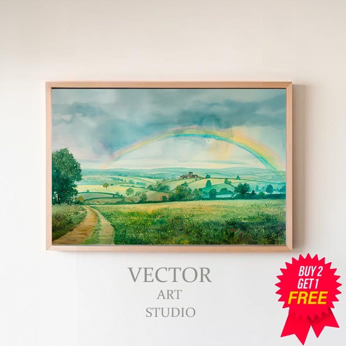Rainbow Over Rolling Green Countryside Watercolor Landscape Poster