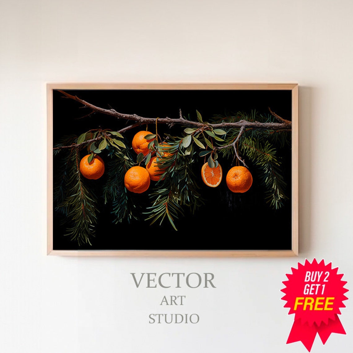 Whole Oranges on Bare Winter Branch with Pine Black Botanical Poster