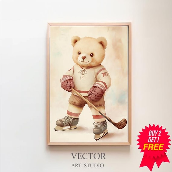 Adorable Vintage Teddy Bear Playing Ice Hockey Nursery Poster