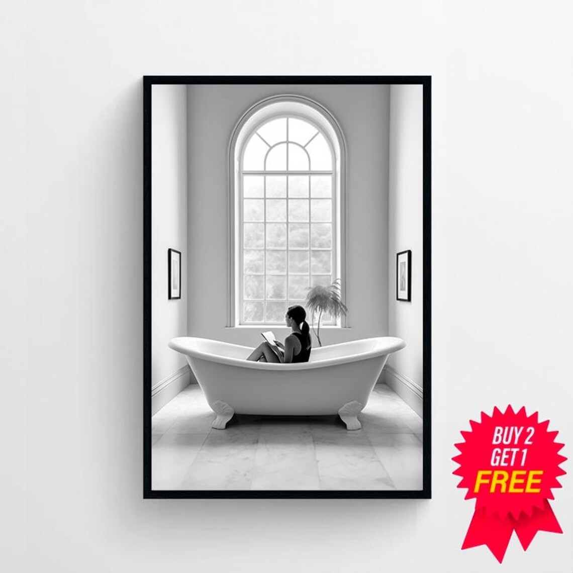 Woman Reading in a Clawfoot Tub Black and White Bathroom Art Poster - Image 4