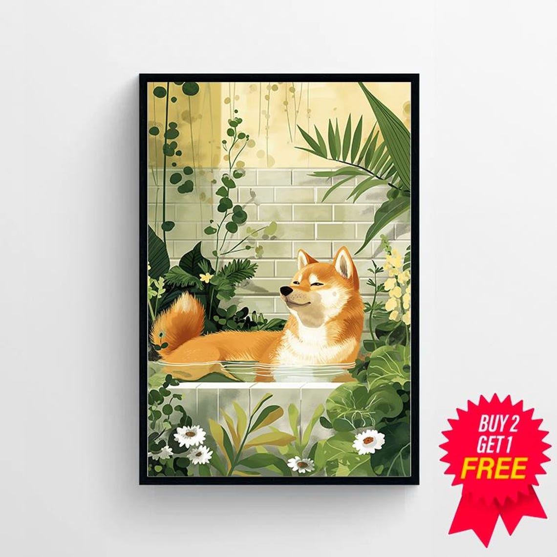 Shiba Inu Lounging in Bathtub Surrounded by Daisy Garden Poster - Image 4