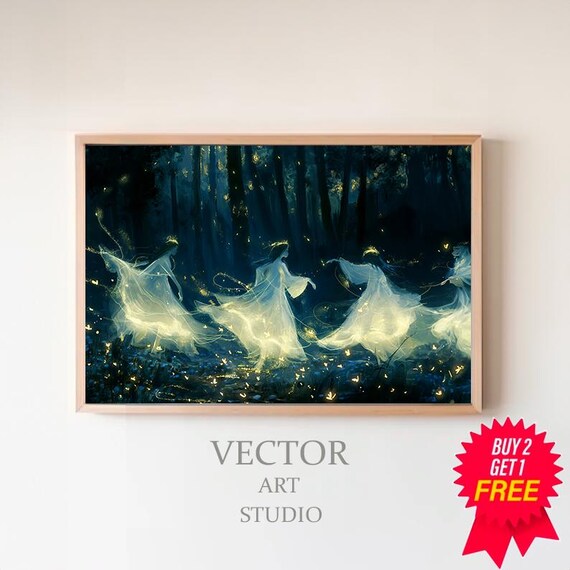 Ghostly Fairies in White Gowns in a Dark Forest Glow Scene Poster