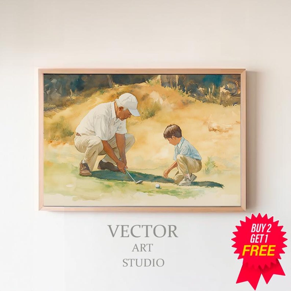 Father Teaching His Young Son to Putt on the Golf Green Poster
