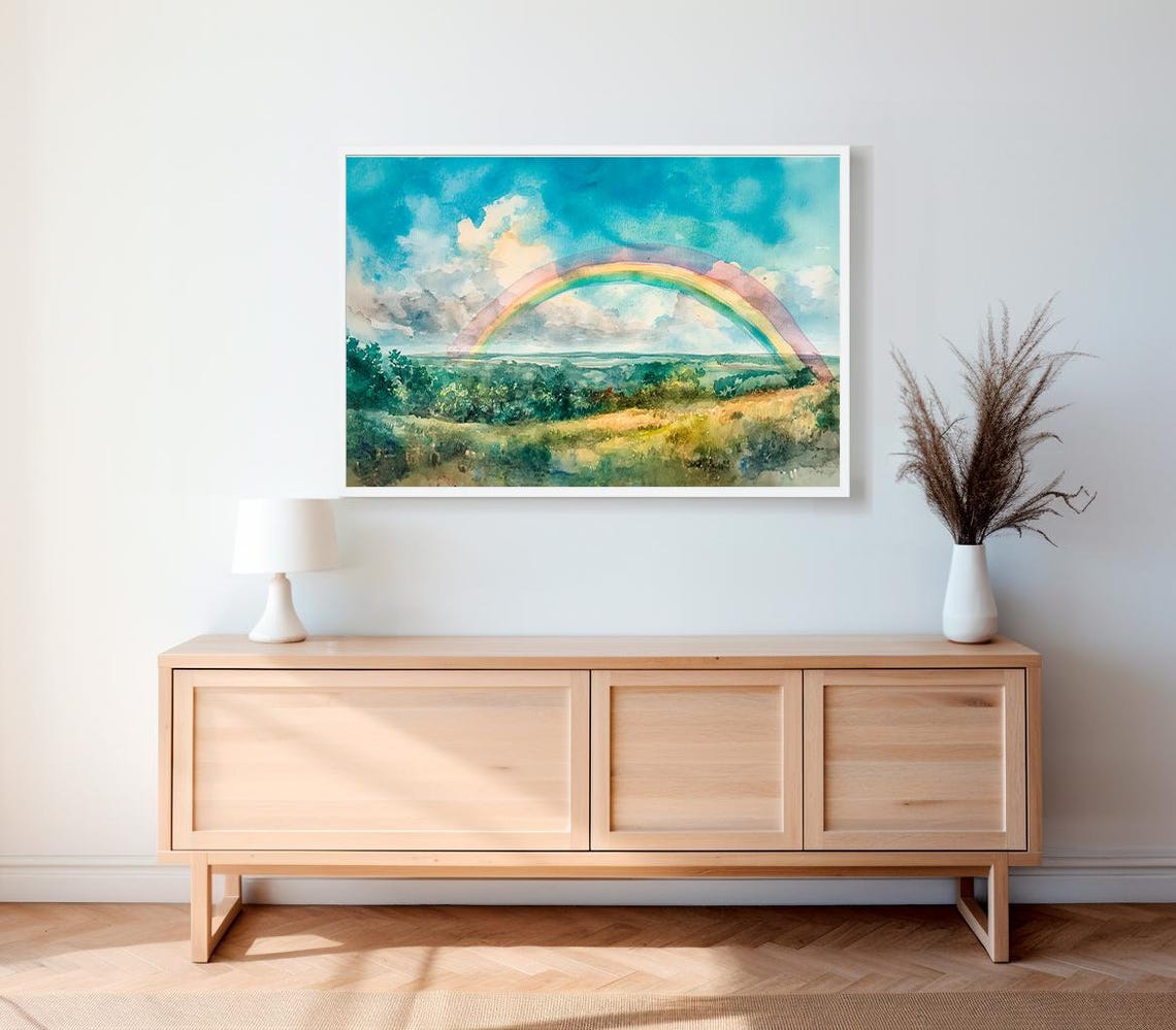 Full Rainbow Arc Over Green Valley Watercolor Landscape Wall Art - Image 2