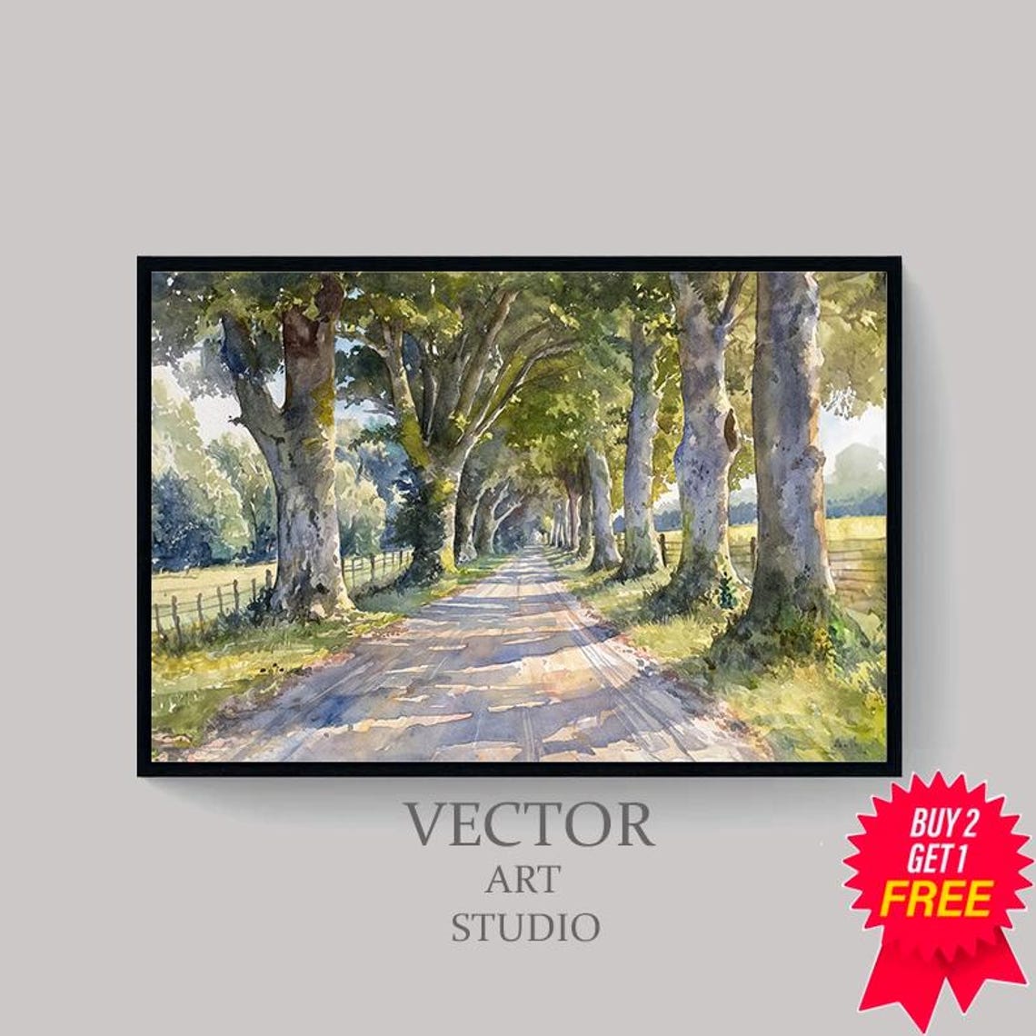 Tree Lined Country Road Summer Watercolor Rural Landscape Poster - Image 4
