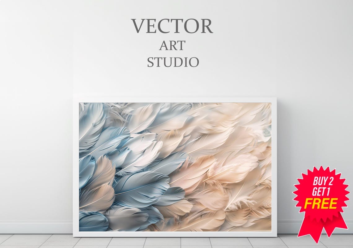Soft Feather Painting in Blue Grey and Beige Calm Tones Poster - Image 3