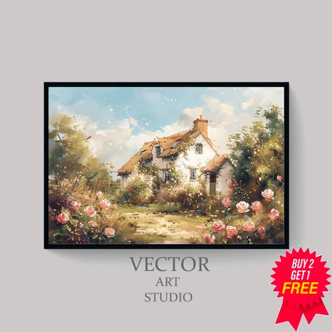 White Cottage With Blooming Roses In Summer Garden Oil Painting Poster - Image 4