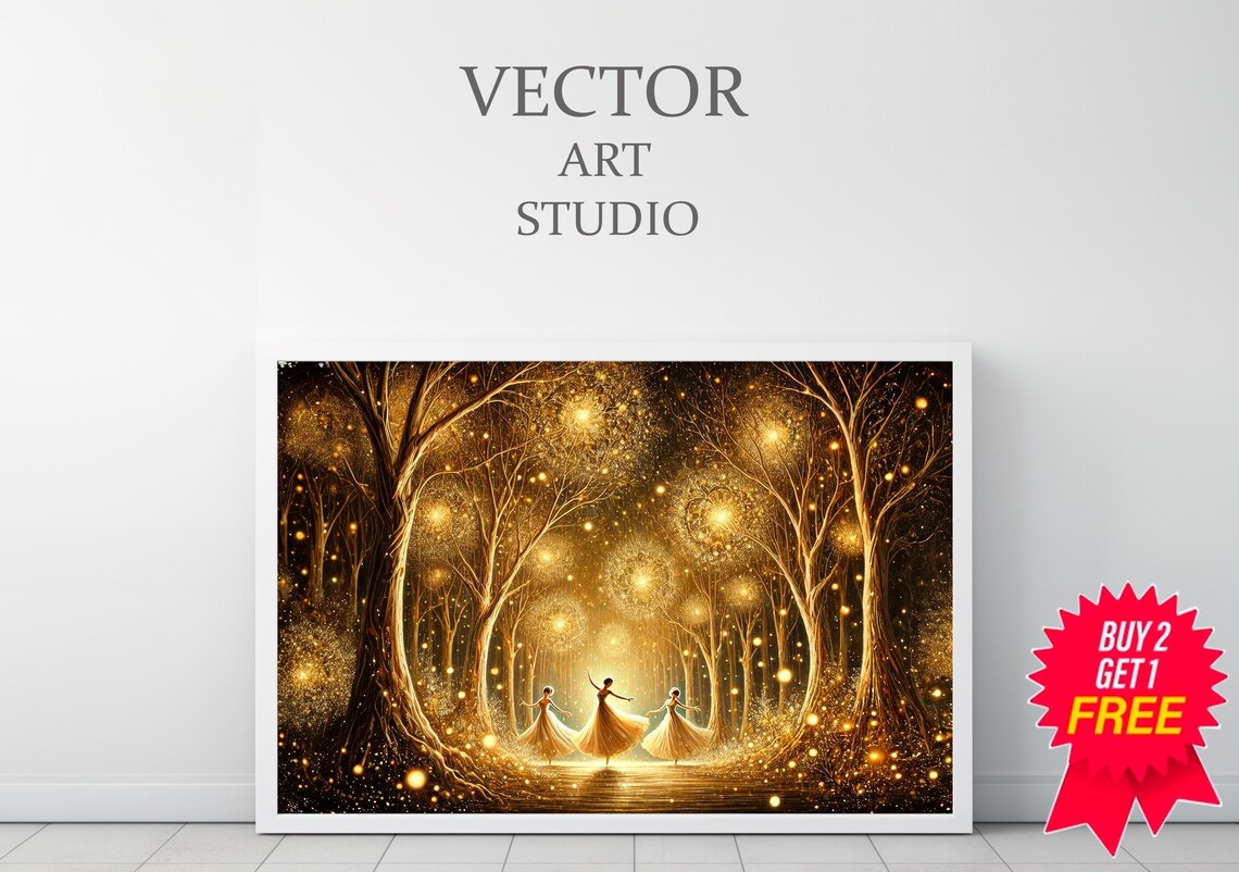 Golden Forest Fairy Dance in Sparkling Enchanted Night Light Poster - Image 3