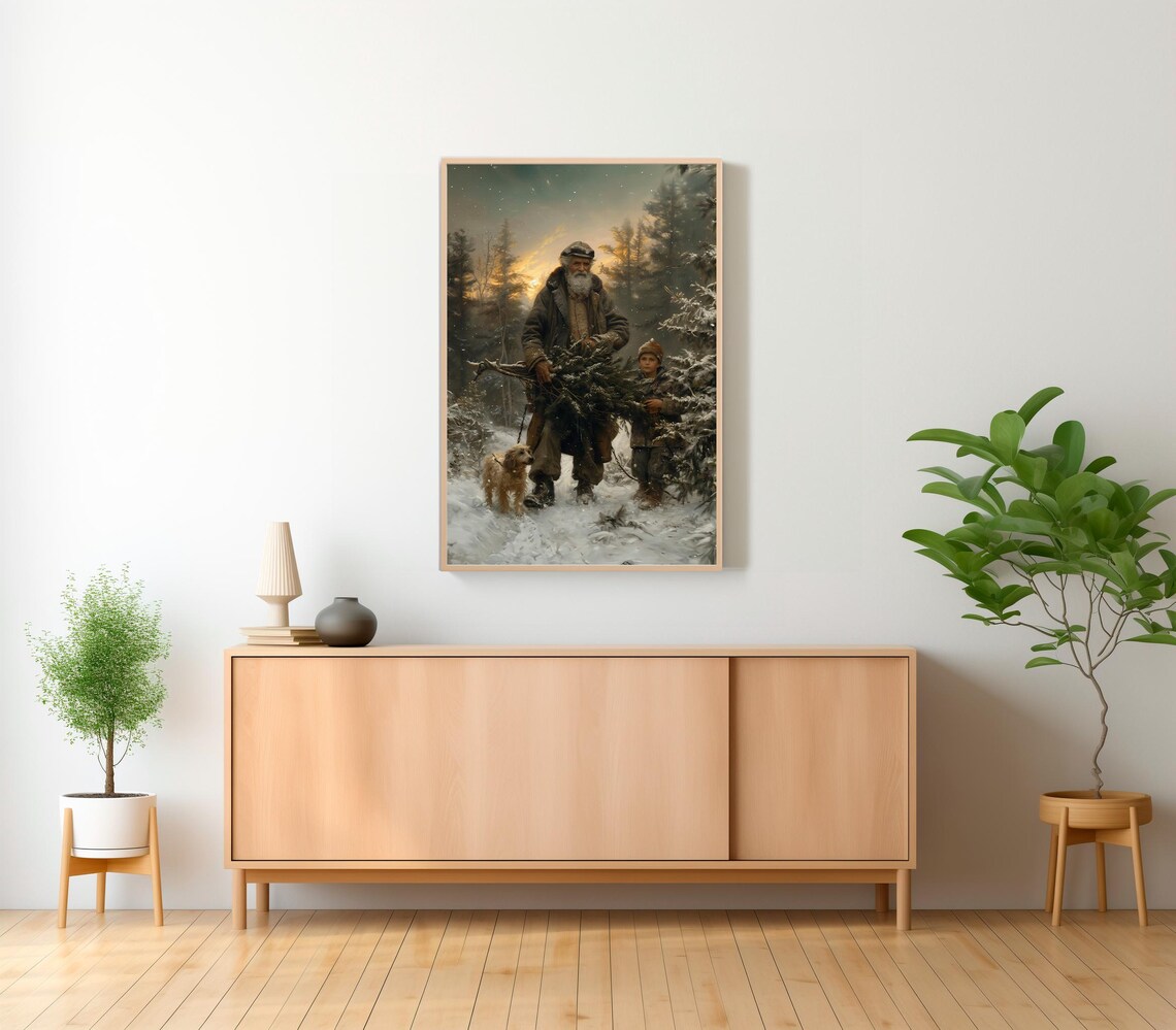 Vintage Christmas Scene Old Man Carrying Tree in Snowy Forest Poster - Image 2