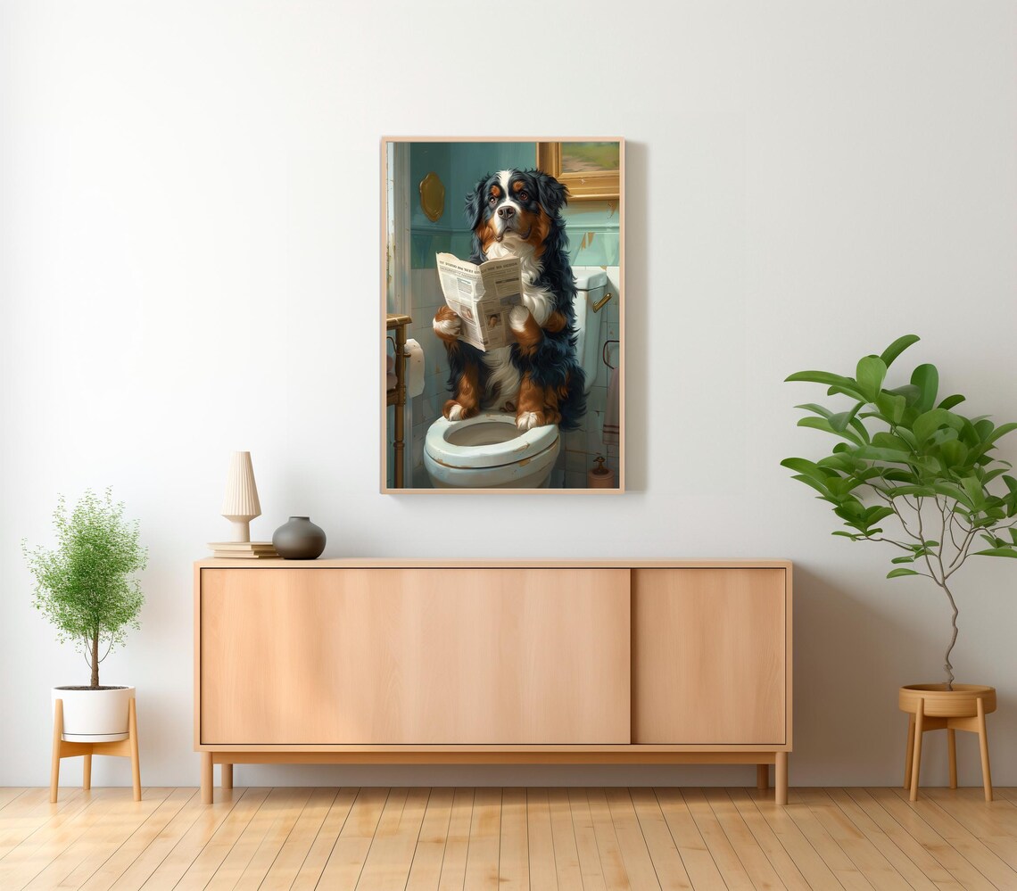 Funny Bernese Mountain Dog on Toilet with Morning Paper Poster - Image 2