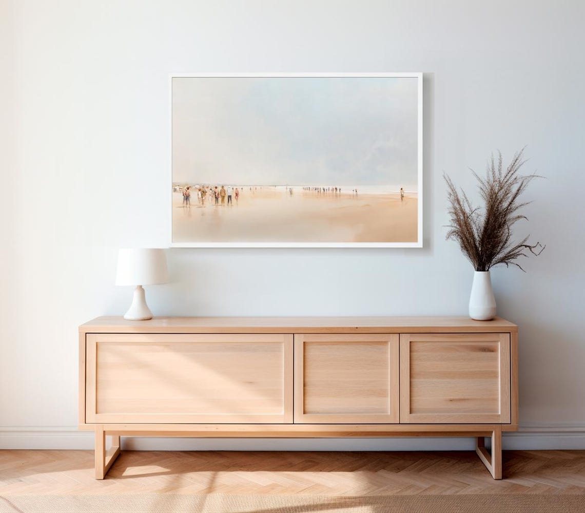 Minimalist Misty Beach With Walkers Coastal Watercolor Wall Art - Image 2