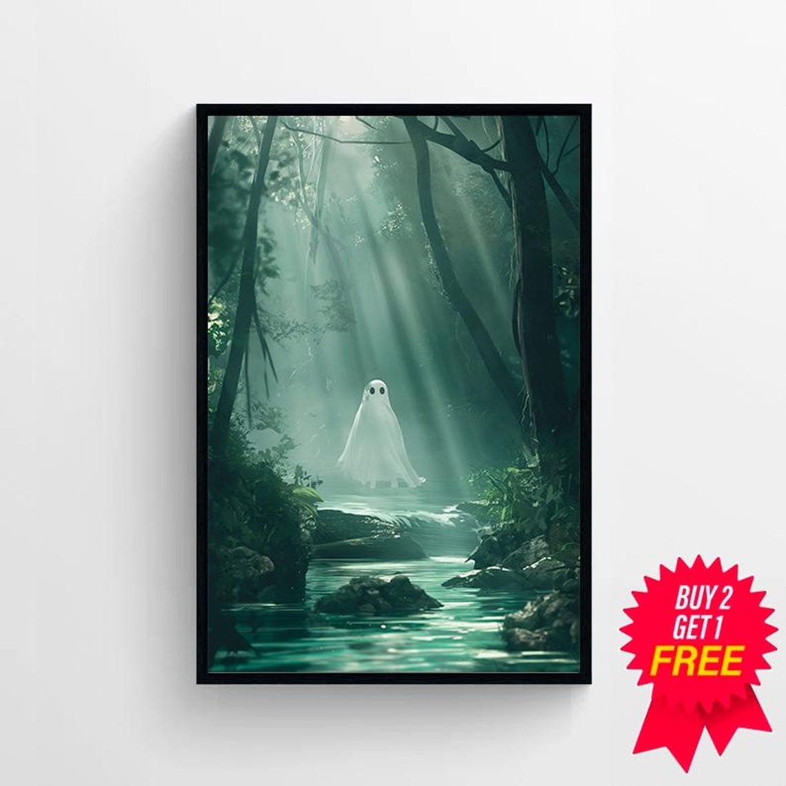 Small Ghost Standing In Sunbeam Lit Forest Stream Ethereal Art Poster - Image 4