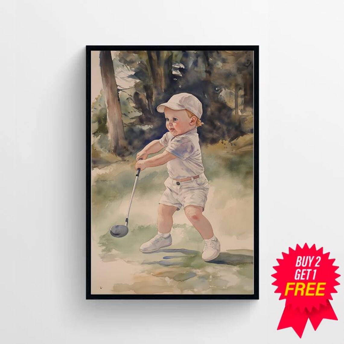 Toddler Swinging a Golf Club in a Watercolor Nursery Scene Poster - Image 4