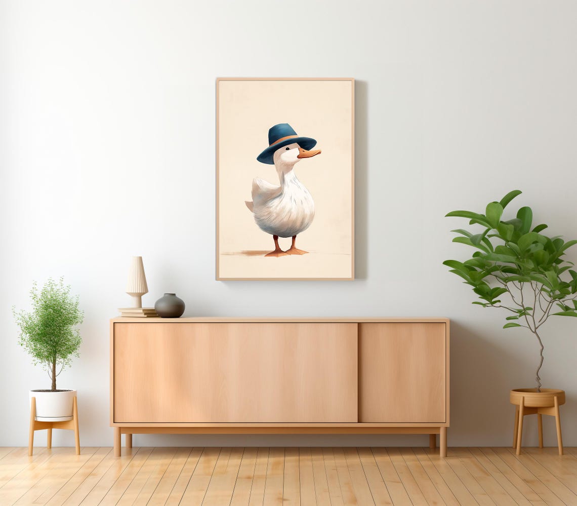 Charming White Duck Wearing a Blue Fedora Hat Cute Nursery Poster - Image 2