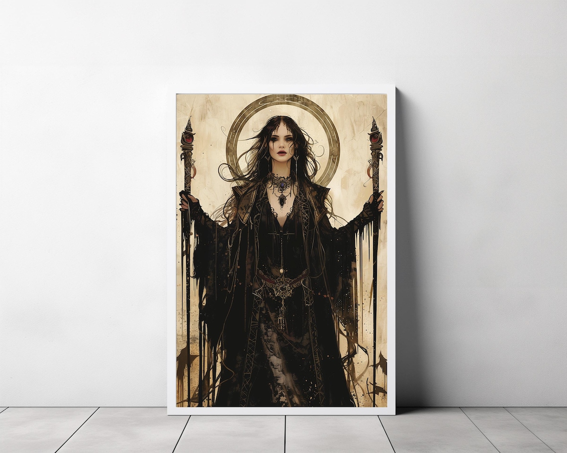 Dark Moon Goddess With Twin Staffs Occult Mythology Fantasy Art Poster - Image 3