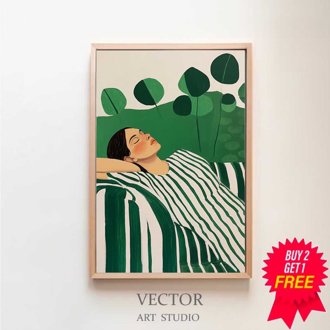 Modern Emerald Green Abstract Woman Resting Among Leaves Poster