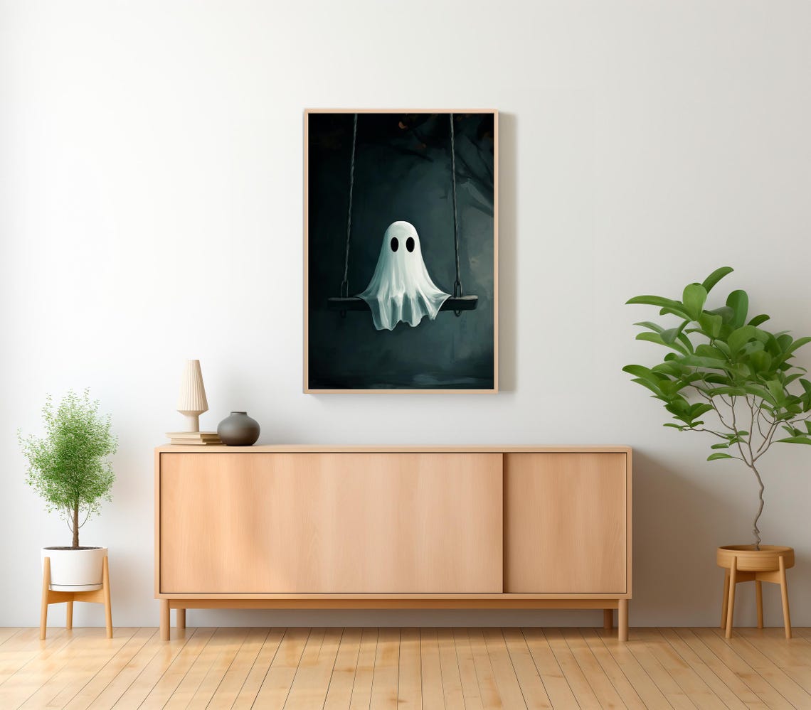Cute Sheet Ghost Sitting Alone on a Swing in the Dark Poster - Image 2