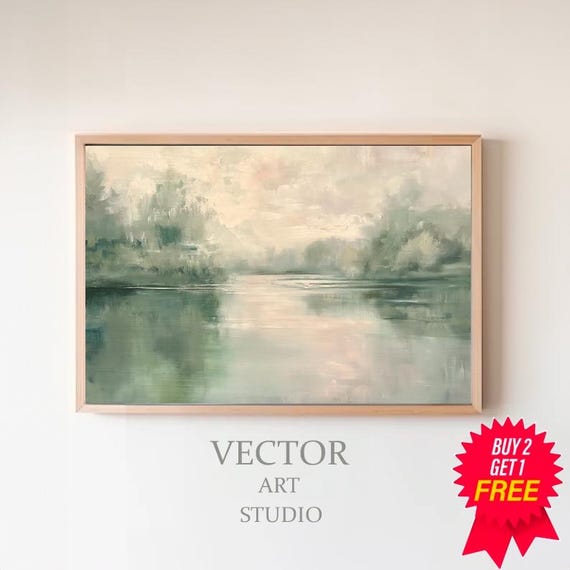 Country River Spring Frame Tv Art Vintage Summer Landscape Painting Neutral Soft Easter Decor Abstract Watercolour Painting