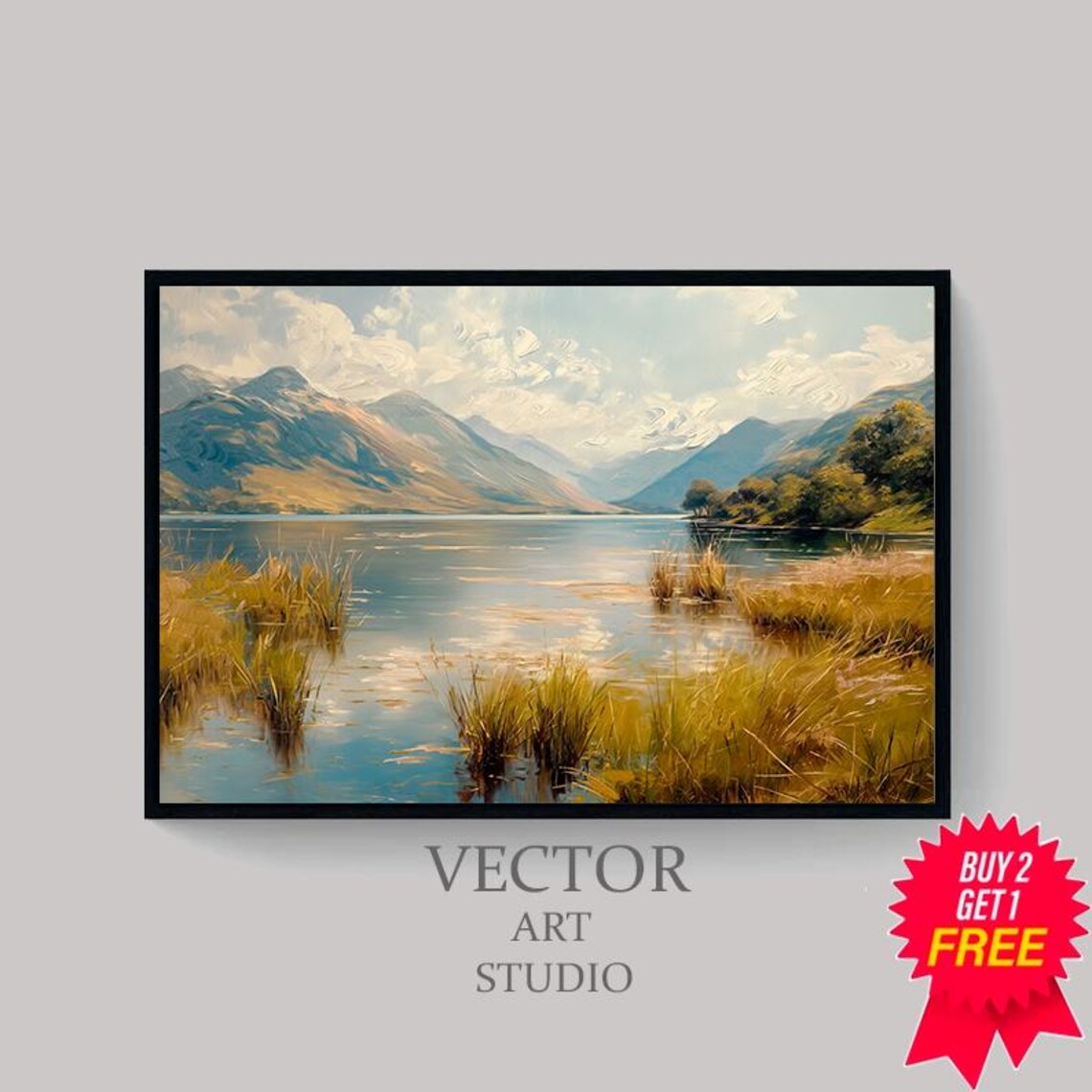 Still Mountain Lake with Golden Reeds in Dreamy Landscape Poster - Image 4