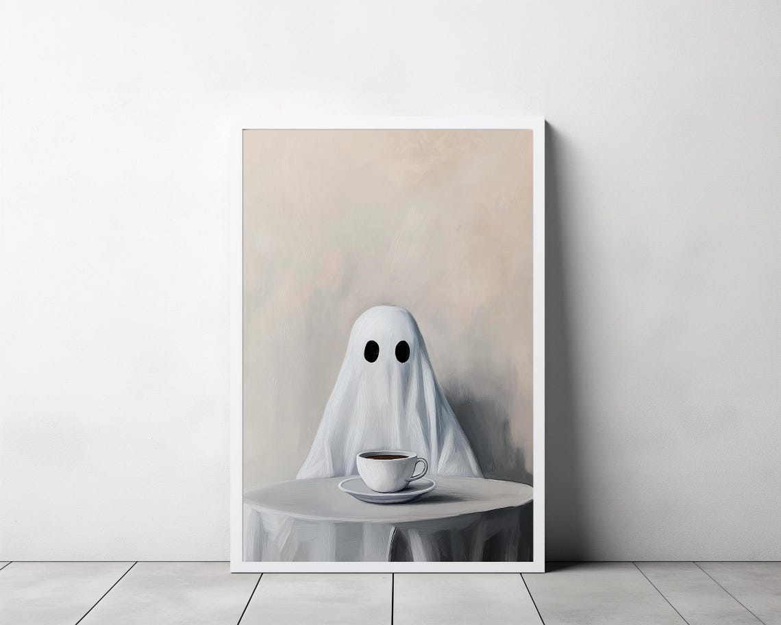 Whimsical Ghost With Coffee Cup Vintage Halloween Style Poster - Image 3