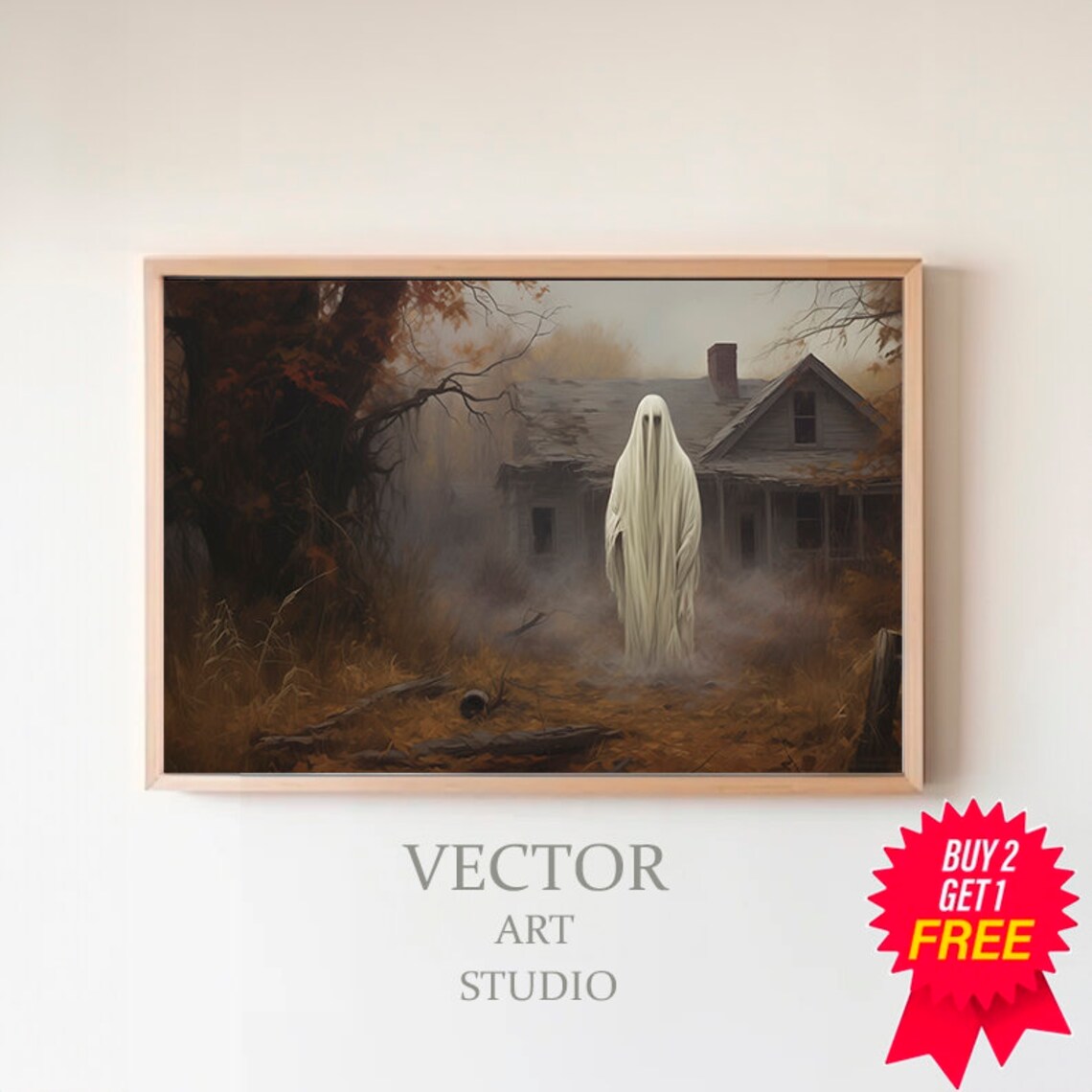 Ghost by Abandoned Farmhouse Foggy Fall Haunted Field Poster