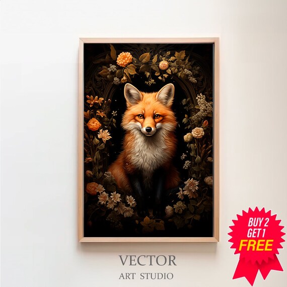 Red Fox Framed by Flowers on Dark Botanical Background Wildlife Art Poster