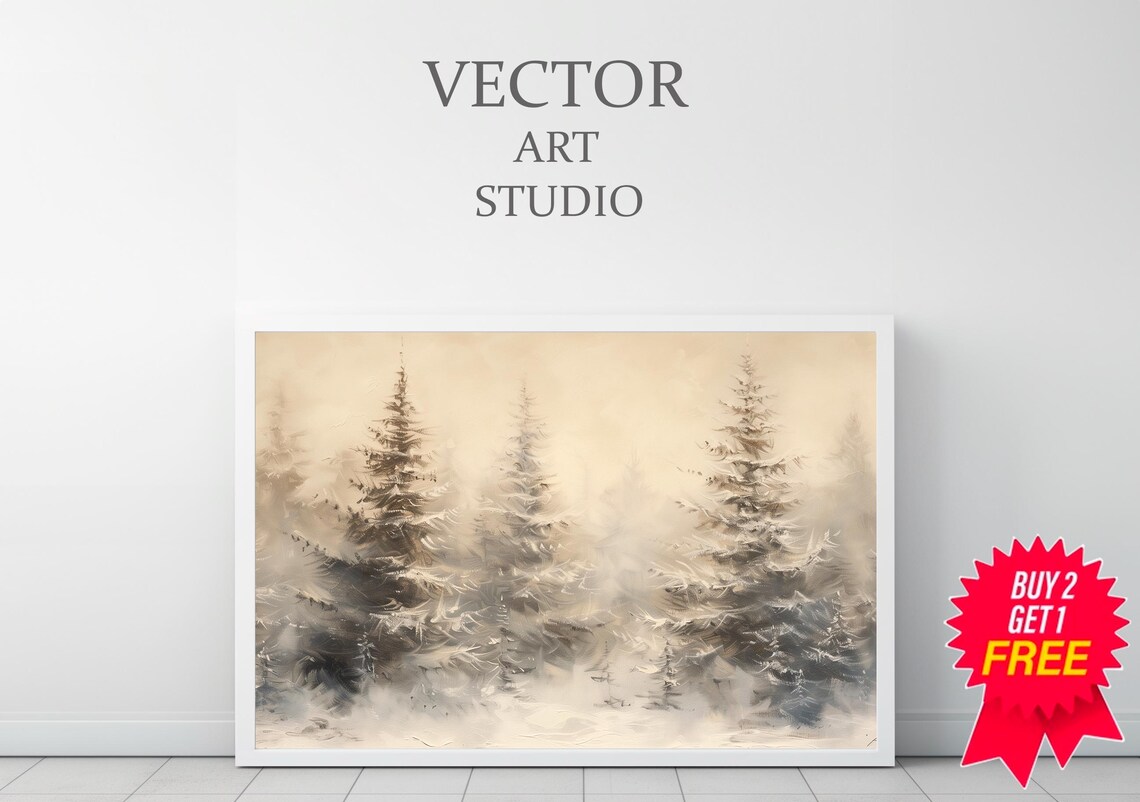 Snowy Golden Twin Pines in Beige Winter Mist Landscape Poster - Image 3