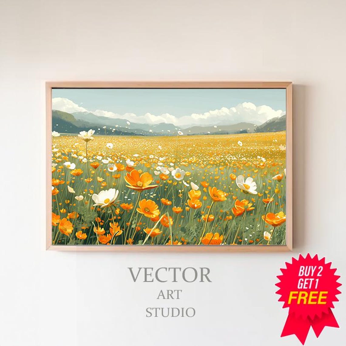 Sunlit Orange and White Wildflower Field Mountain Landscape Poster