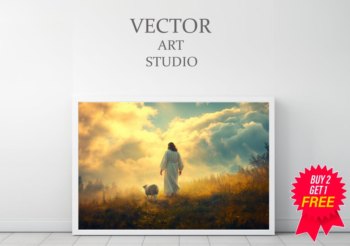 Jesus the Good Shepherd Walking With Sheep in a Golden Field Poster - Image 3