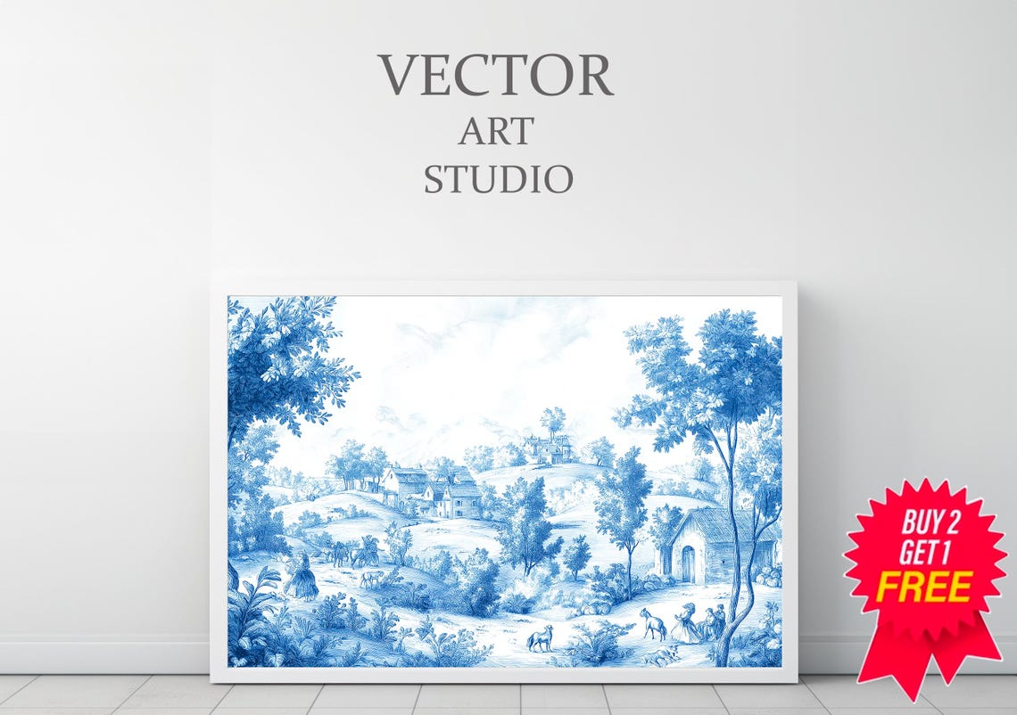 Blue And White Toile Chinoiserie Countryside Landscape Poster - Image 3