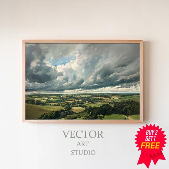 Cloudy Vintage Spring Frame Tv Art Stormy Grey Sky Summer Screensaver Moody Country Landscape Painting Antique Scenery Tv Art