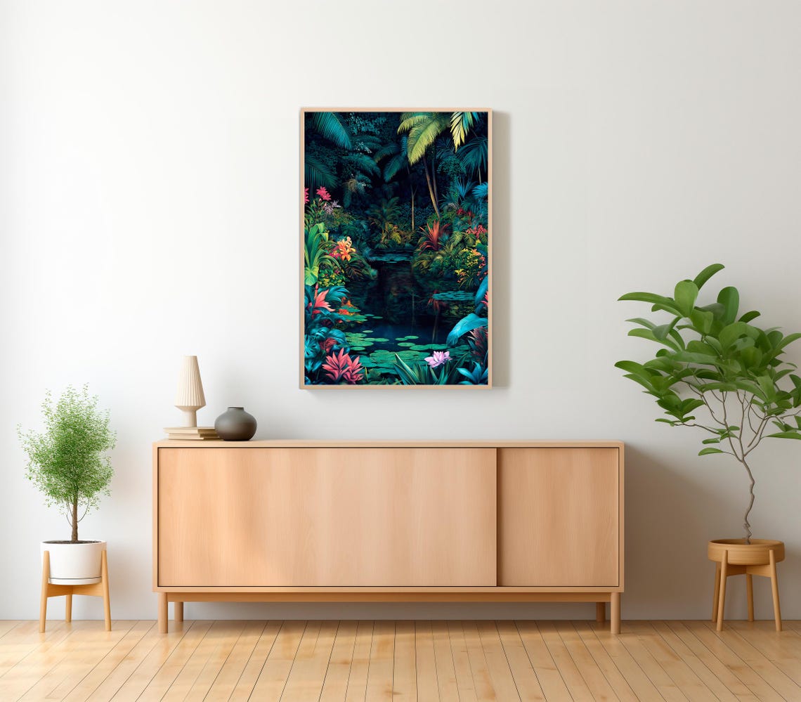 Moonlit Midnight Tropical Jungle with Dark Lagoon Botanical Poster - Image 2