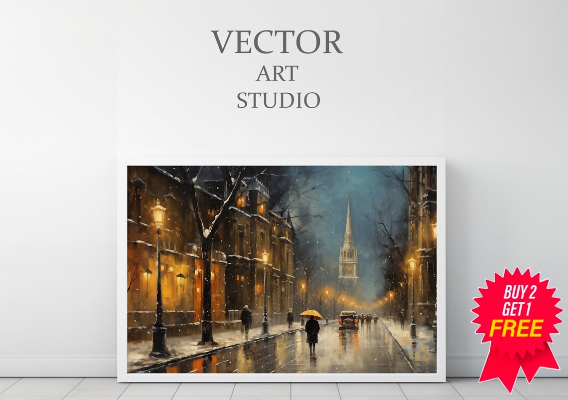 Snowy Winter Night City Street With Church Spire Lamplight Poster - Image 3