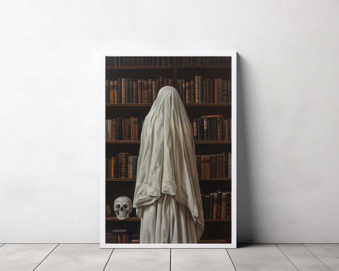 Ghost Reading At Moody Bookshelf With Skull Dark Academia Poster - Image 3