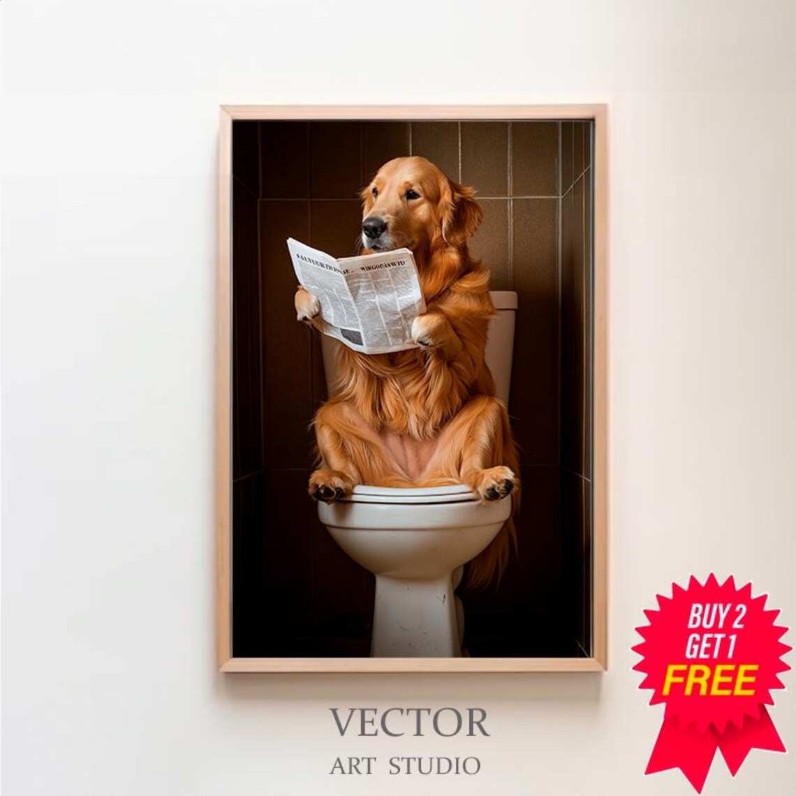 Golden Retriever Reading Newspaper On The Toilet Funny Dog Poster