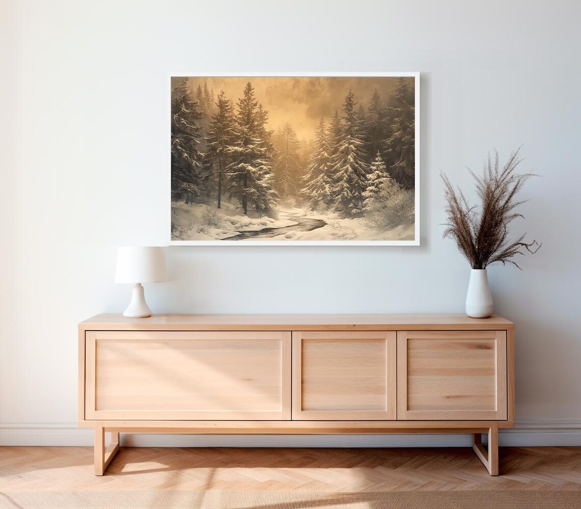 Golden Winter Forest with a Stream Winding Through Snowy Pines Poster - Image 2