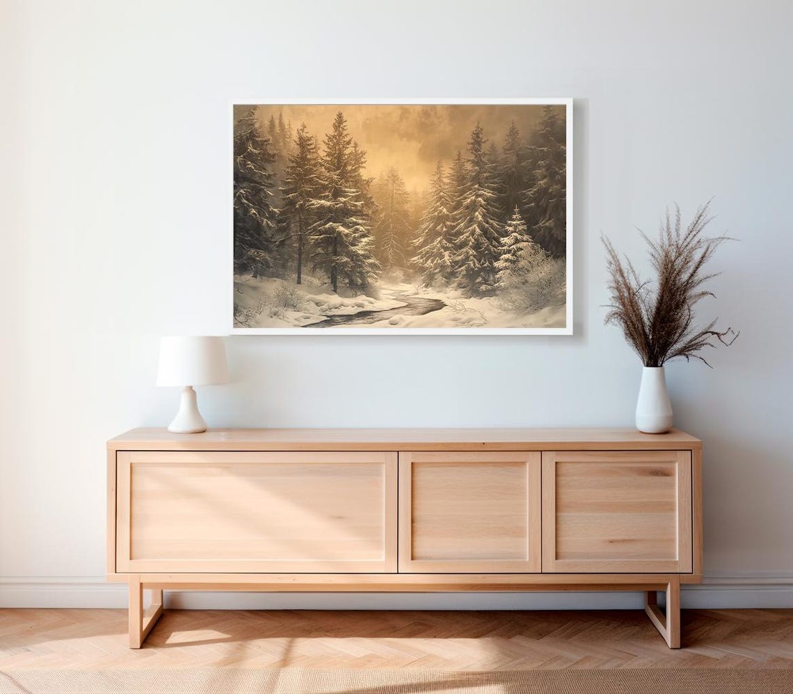 Vintage Winter Sketch Flocked Snowy Trees Vintage Art - Image 2