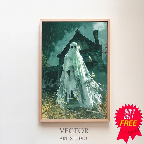 Tall Ghost Before Old Mansion In Stormy Night Spooky Art Poster