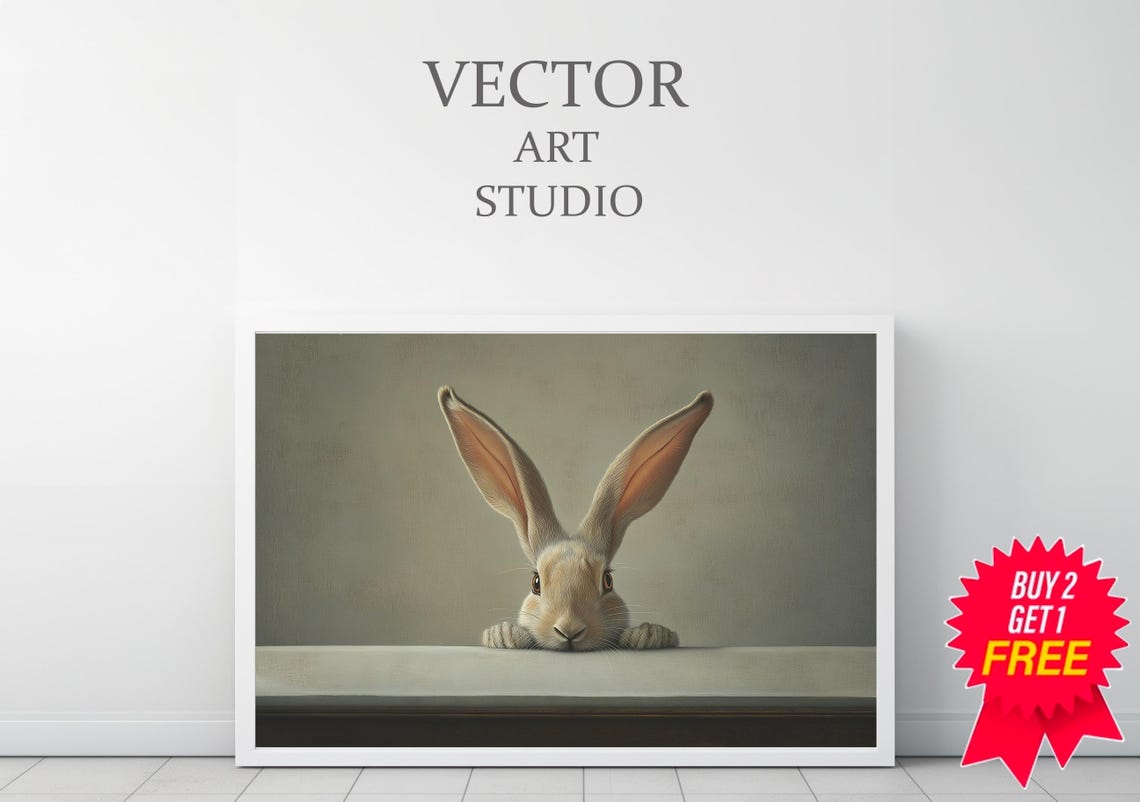 Wide-Eyed Cream Bunny with Paws Peeking Over a Grey Ledge Poster - Image 3