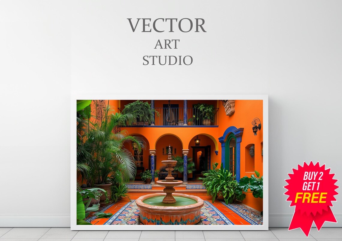 Mexican Courtyard With Orange Walls and Fountain Oil Painting Poster - Image 3
