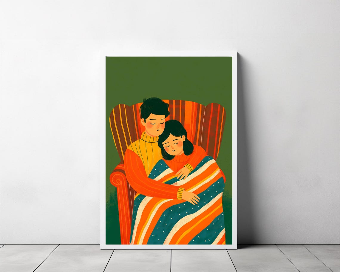 Cozy Couple Embrace Striped Blanket Armchair Illustration Poster - Image 3