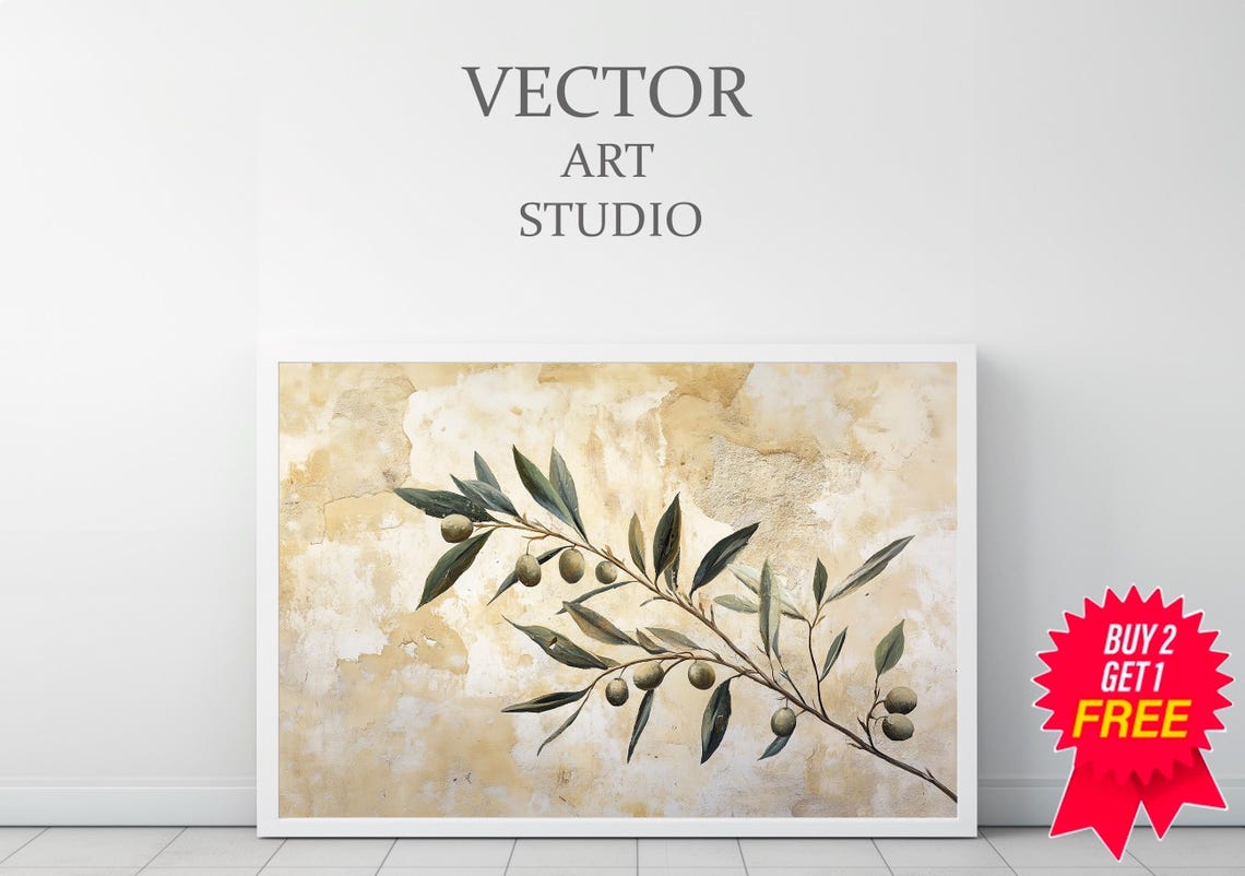 Olive Branch Fresco On Aged Plaster Wall Botanical Art Poster - Image 3