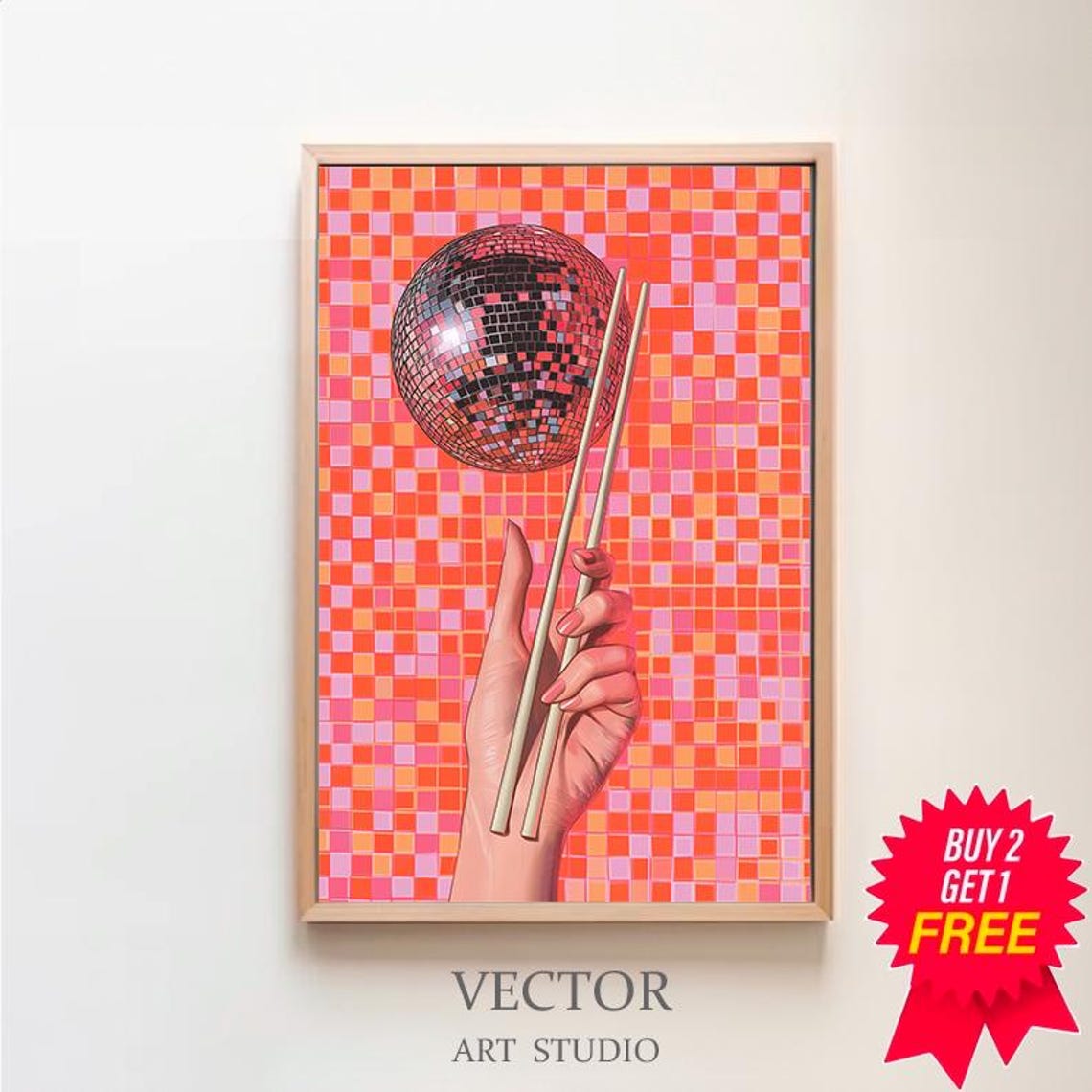 Disco Ball Lifted by Chopsticks on a Pink and Orange Pixel Grid Poster