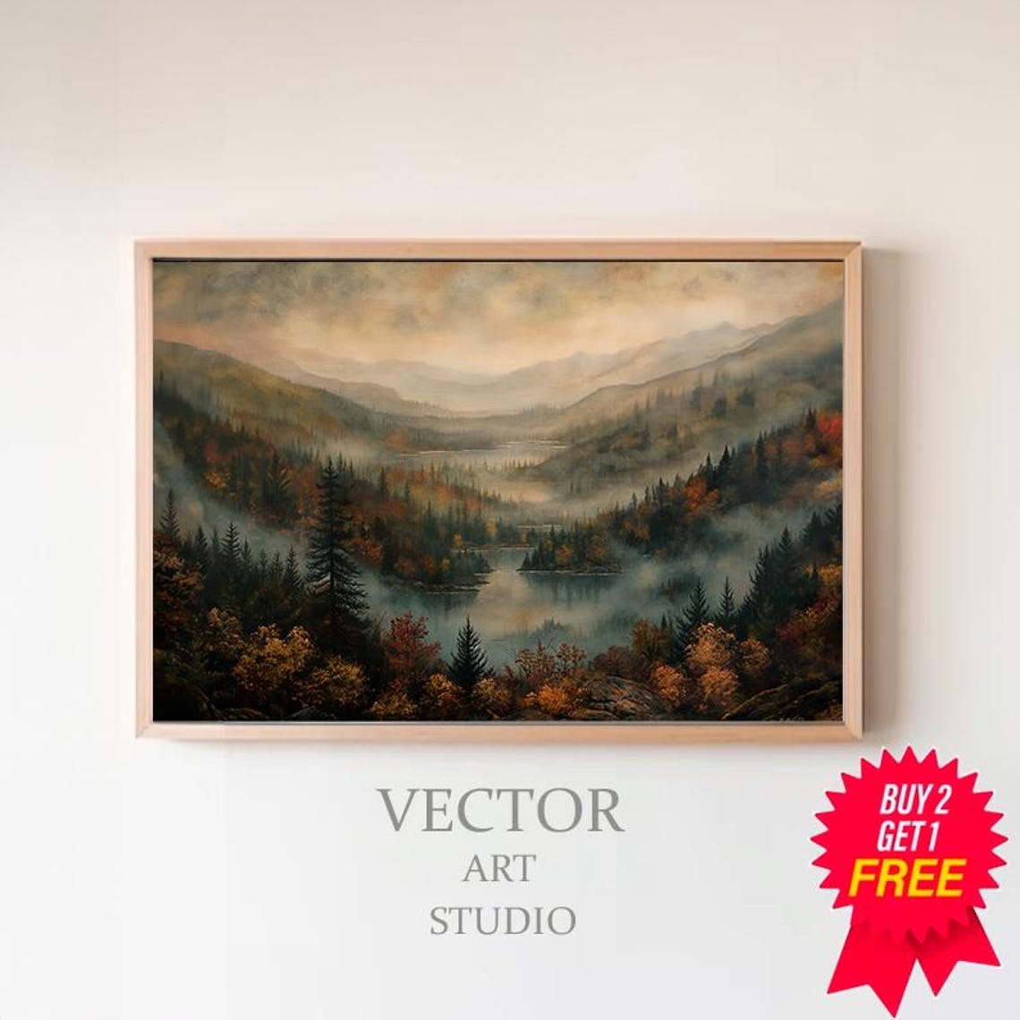 Misty Autumn Mountain Valley with Lake Rustic Landscape Art Poster