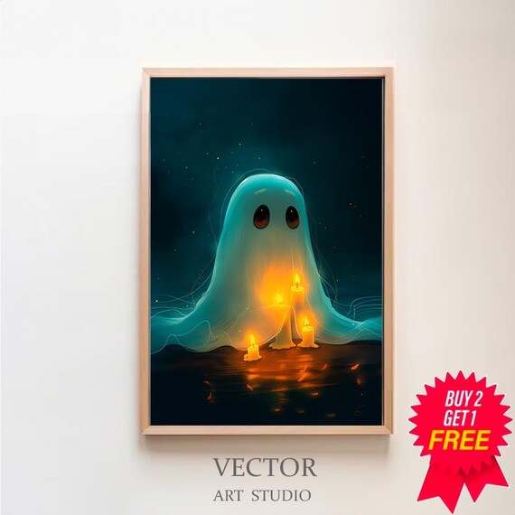 Cute Little Ghost Holding Glowing Candles on a Dark Night Poster
