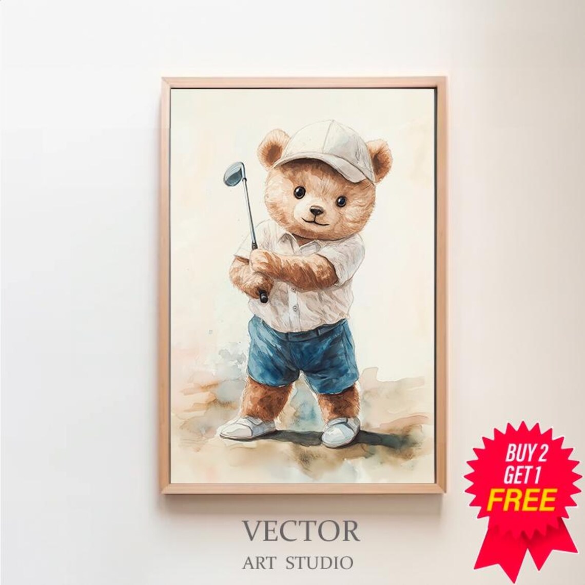 Cute Teddy Bear Golfer Nursery Watercolor Blue Shorts Cap Poster