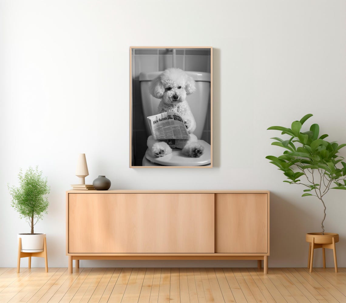 Funny White Dog Reading a Newspaper While on the Toilet Poster - Image 2